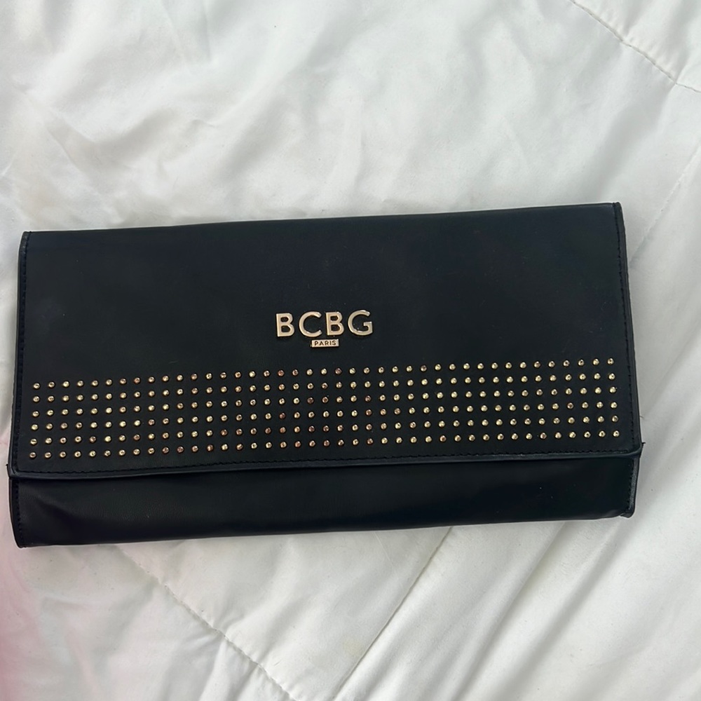 BCBG black faux leather clutch